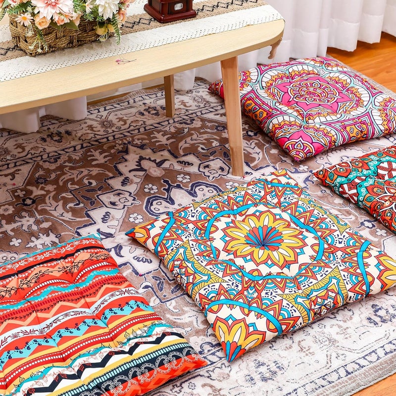 Nuogo 4 Pack Large 22 Inch Bohemian Floor Pillows Square Boho Floor Cushions Seating Pillows for Soft Yoga Meditation Pillow Mandala Pouf for Living Room Tatami Reading Nook(Exquisite) - Image 5